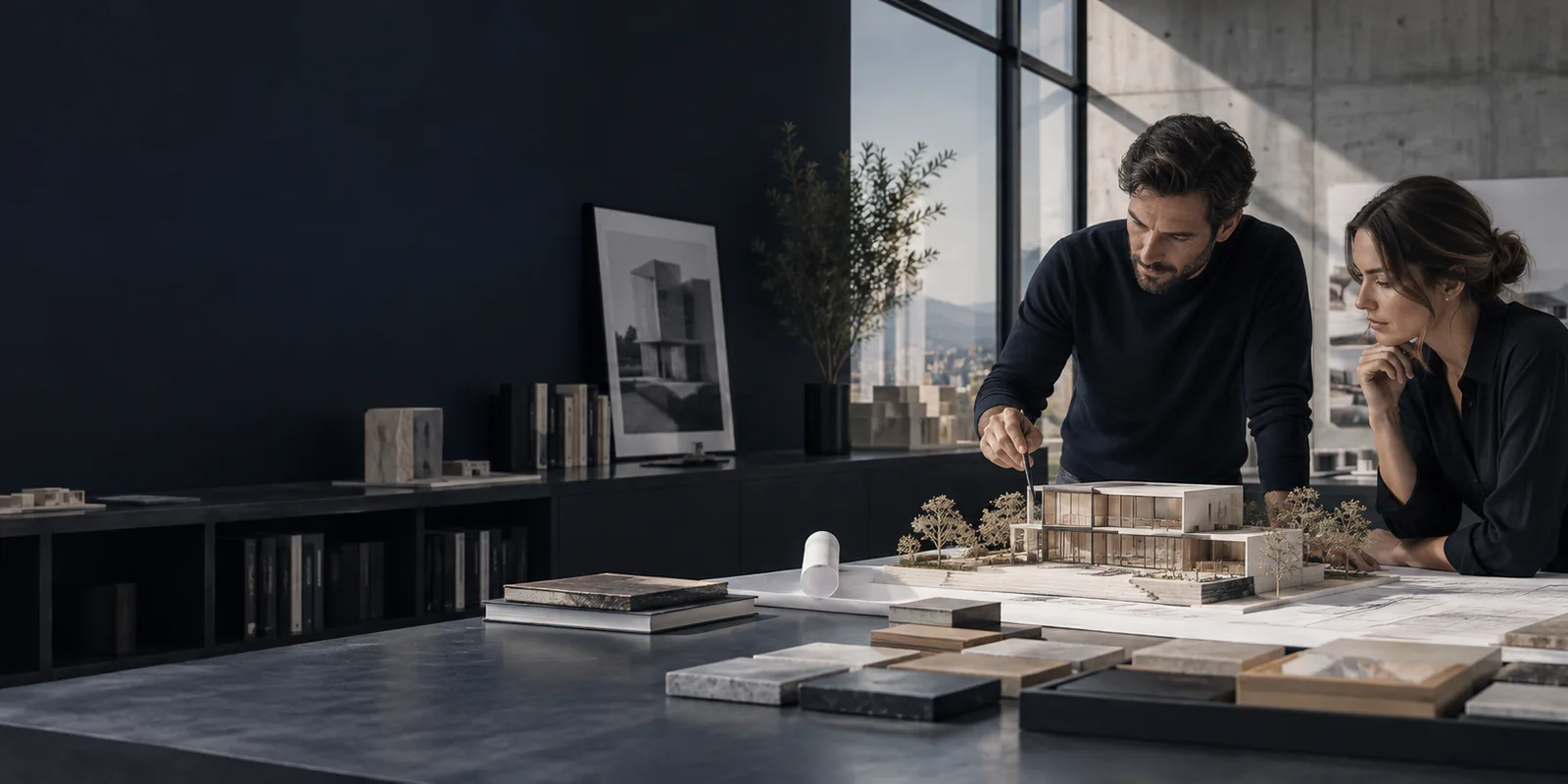 Architects reviewing a building model and drawings in a modern studio