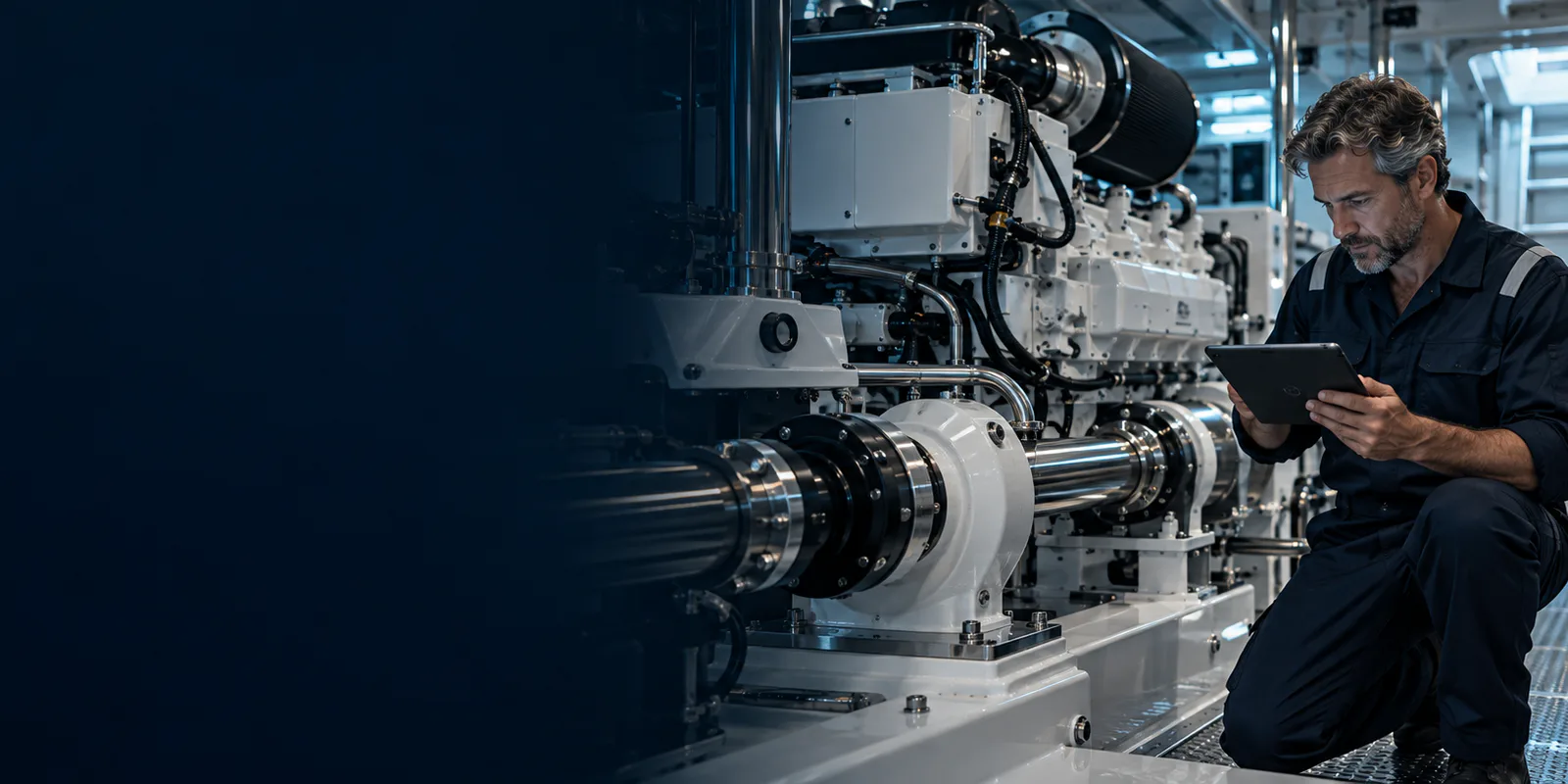 Marine engineer reviewing drivetrain equipment in a yacht engine room